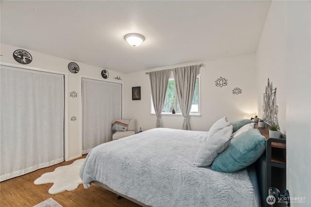 bedroom with wood finished floors and multiple closets