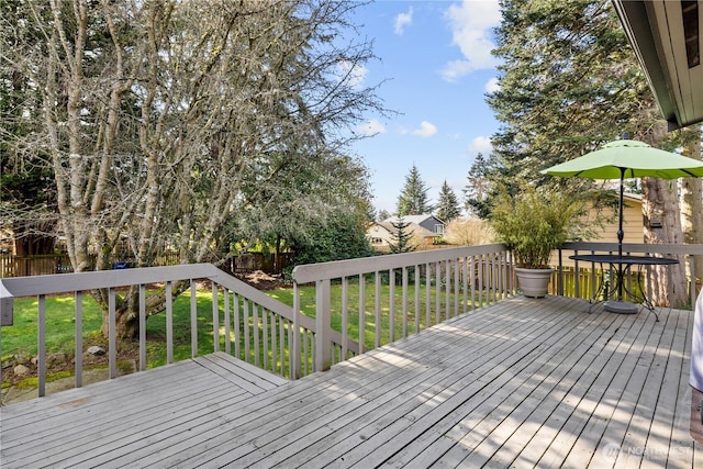 wooden terrace featuring a fenced backyard and a yard