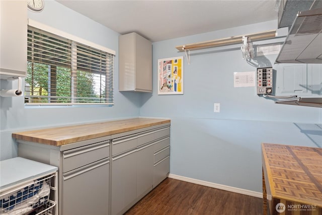 kitchen with wood counters, baseboards, gray cabinets, and dark wood-style flooring