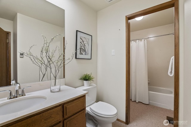 full bathroom featuring vanity, toilet, and shower / bathtub combination with curtain