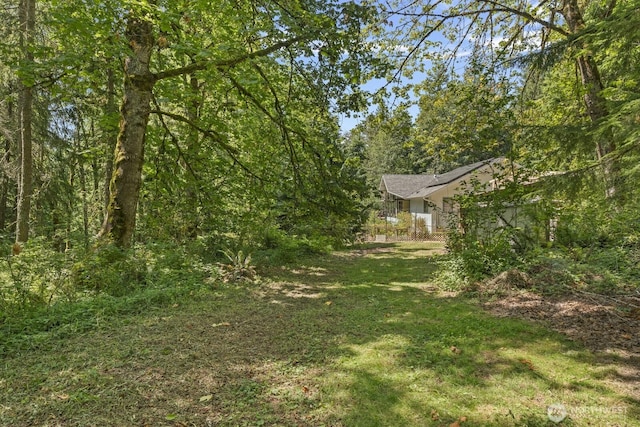 view of yard featuring a wooded view