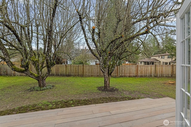 deck with a lawn and a fenced backyard