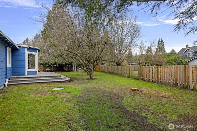 view of yard with a deck and a fenced backyard