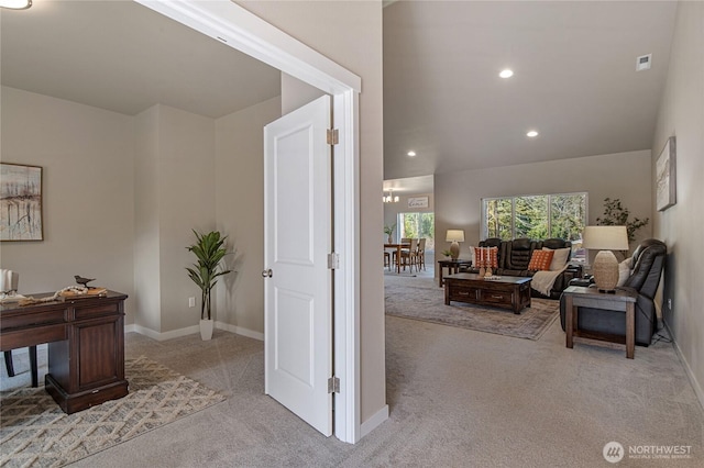 office with visible vents, baseboards, carpet flooring, and recessed lighting