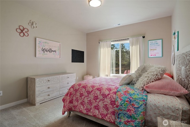 bedroom with carpet floors, baseboards, and visible vents