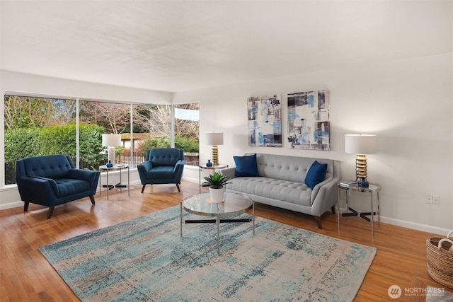 living area featuring baseboards and wood finished floors