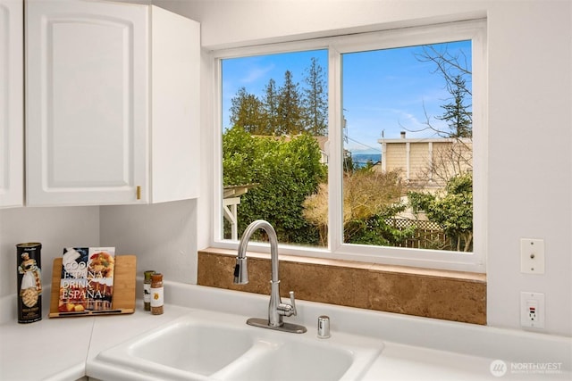 room details featuring a sink, light countertops, and white cabinetry