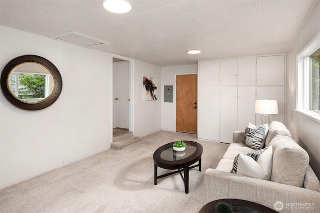 living area with electric panel, plenty of natural light, light colored carpet, and attic access