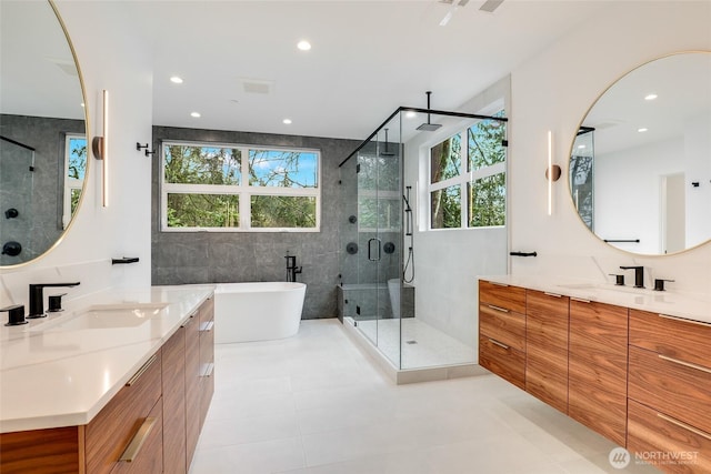 full bathroom featuring a shower stall, plenty of natural light, and a sink