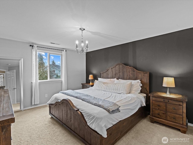 carpeted bedroom with visible vents, baseboards, and a chandelier