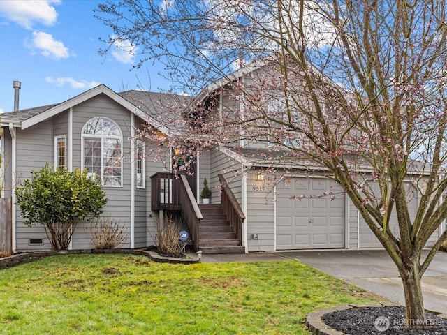 view of front of house with a front lawn, a garage, driveway, and crawl space