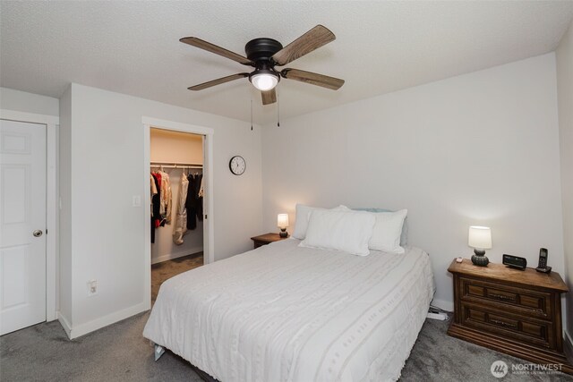 bedroom featuring a walk in closet, a ceiling fan, a closet, carpet, and baseboards