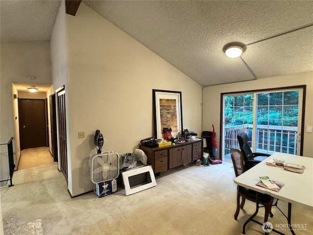 office space featuring light colored carpet, a textured ceiling, and vaulted ceiling