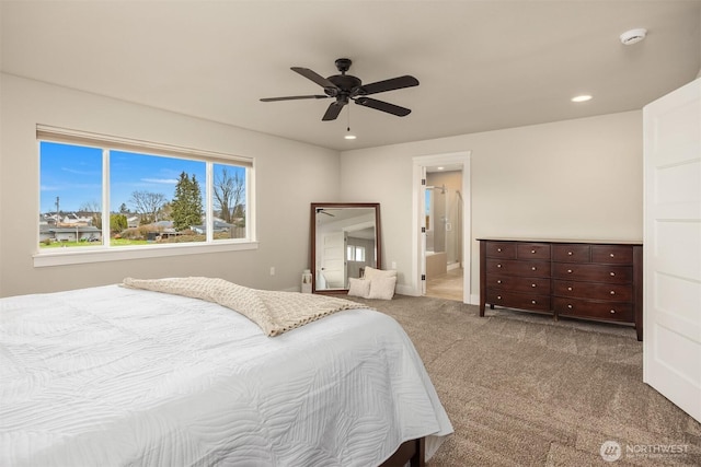 bedroom featuring recessed lighting, connected bathroom, ceiling fan, and carpet floors