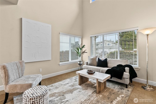 carpeted living area featuring baseboards and a high ceiling