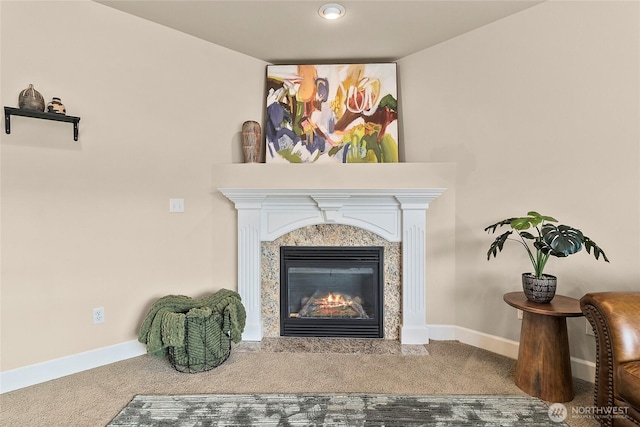 details featuring a premium fireplace, carpet floors, and baseboards