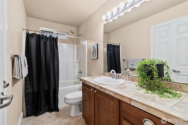 bathroom with vanity, toilet, and shower / bathtub combination with curtain