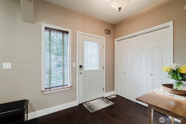 foyer entrance featuring a wealth of natural light, baseboards, and dark wood finished floors