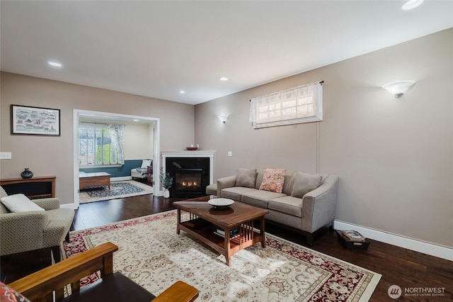 living area featuring a glass covered fireplace, recessed lighting, wood finished floors, and baseboards