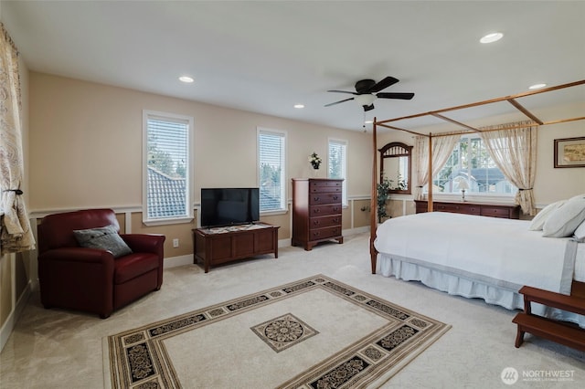 carpeted bedroom with recessed lighting, baseboards, and ceiling fan