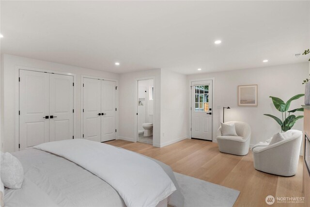 bedroom with recessed lighting, multiple closets, light wood finished floors, and baseboards