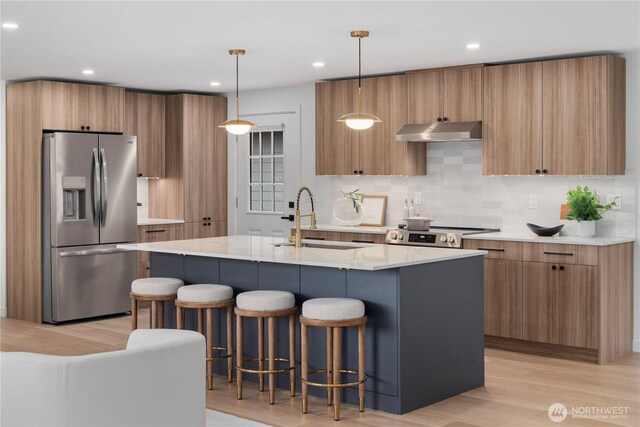 kitchen featuring a sink, stainless steel appliances, under cabinet range hood, and modern cabinets