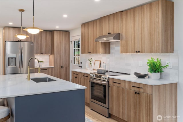 kitchen with ventilation hood, stainless steel appliances, modern cabinets, and a sink