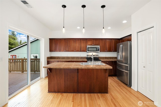 kitchen featuring visible vents, light wood-type flooring, a sink, decorative light fixtures, and appliances with stainless steel finishes