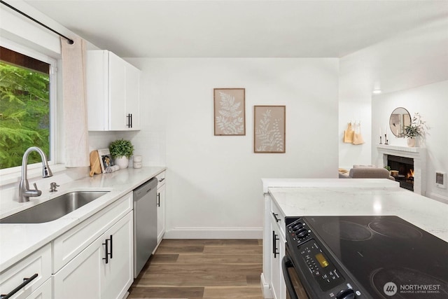 kitchen with dark wood-style floors, a lit fireplace, a sink, black range with electric stovetop, and dishwasher