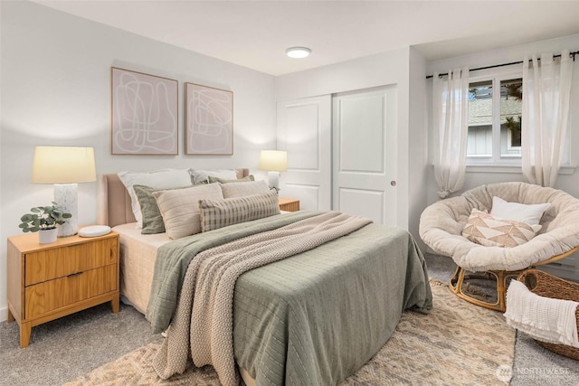 bedroom featuring a closet and light colored carpet