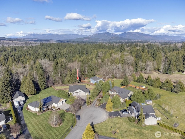 bird's eye view with a mountain view and a forest view