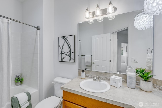 full bath with toilet, shower / tub combo with curtain, and vanity