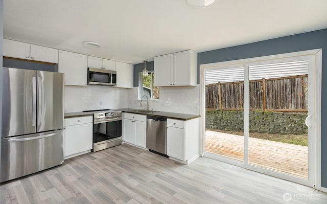 kitchen featuring a sink, dark countertops, white cabinetry, and stainless steel appliances