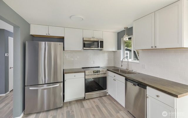 kitchen with light wood-type flooring, a sink, stainless steel appliances, white cabinets, and decorative backsplash