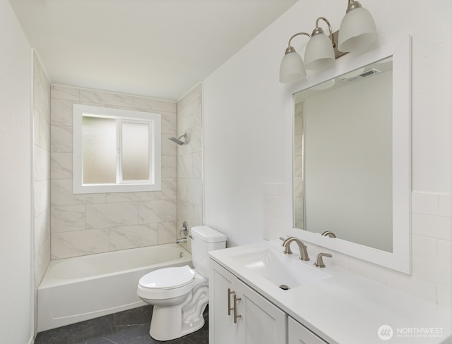 full bathroom featuring tub / shower combination, visible vents, toilet, and vanity