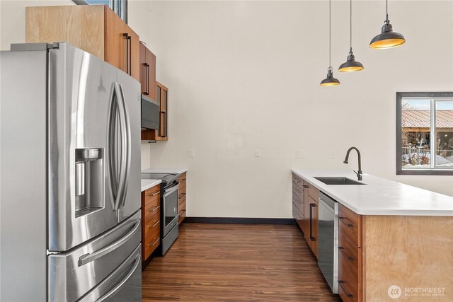 kitchen featuring a peninsula, a sink, dark wood-type flooring, appliances with stainless steel finishes, and brown cabinets