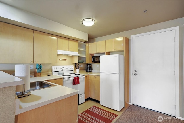 kitchen with under cabinet range hood, light brown cabinetry, light countertops, white appliances, and open shelves