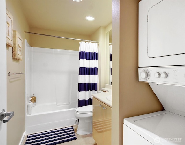 bathroom with vanity, recessed lighting, stacked washer and dryer, shower / tub combo, and toilet