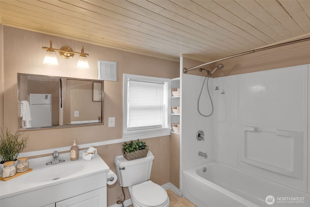 bathroom featuring visible vents, wood ceiling, toilet, shower / bathing tub combination, and vanity