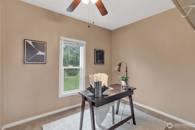 office area with carpet, baseboards, and ceiling fan