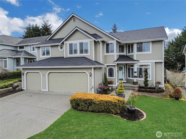 view of front of property with a garage, concrete driveway, a front yard, and a shingled roof