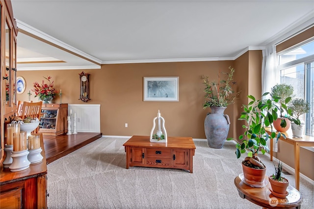 carpeted living room with baseboards and ornamental molding