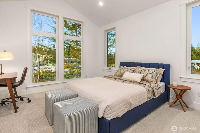 bedroom featuring baseboards, multiple windows, lofted ceiling, and carpet floors