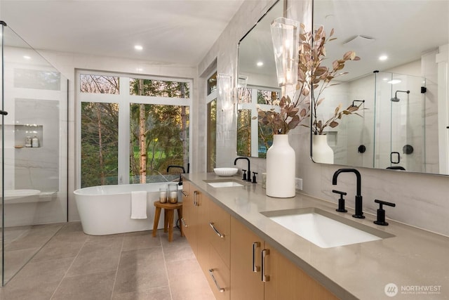 bathroom with double vanity, a freestanding tub, a stall shower, and a sink