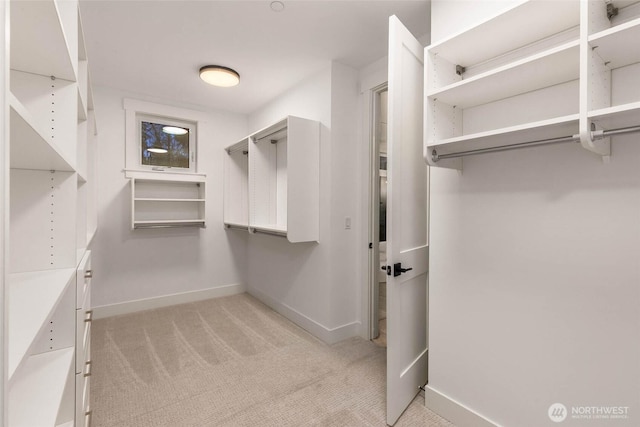 walk in closet with light carpet