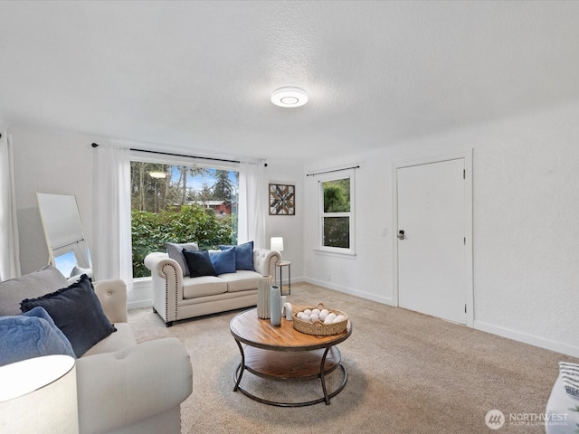 living room featuring light colored carpet, a textured ceiling, and baseboards