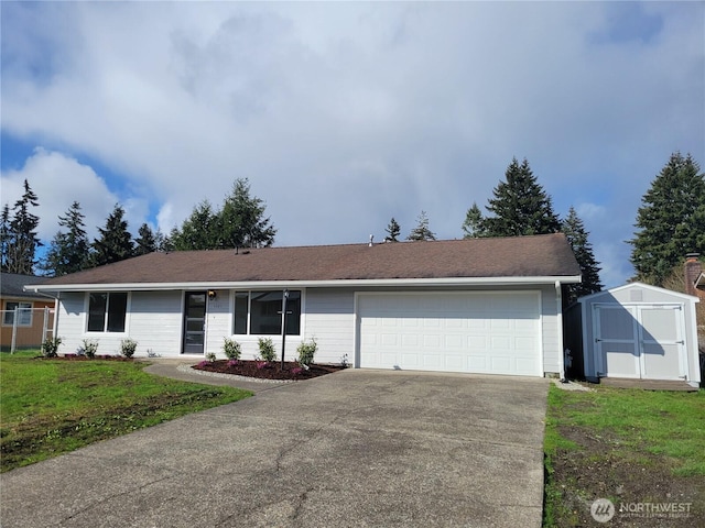 ranch-style home featuring a front lawn, driveway, a storage shed, an outdoor structure, and an attached garage