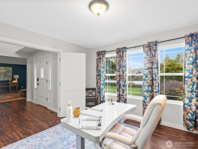 office space featuring a wealth of natural light, baseboards, and wood finished floors