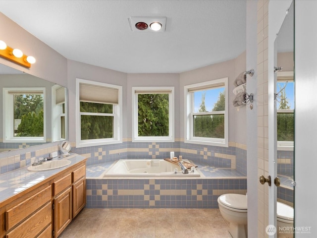 bathroom with a healthy amount of sunlight, toilet, vanity, and a garden tub