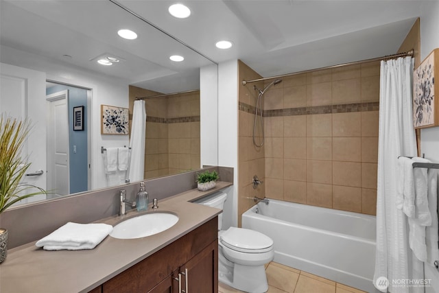 full bath with tile patterned flooring, toilet, shower / tub combo with curtain, recessed lighting, and vanity